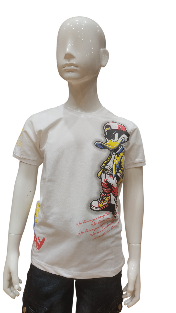 Boys White Half Sleeve Printed Fancy T-Shirt