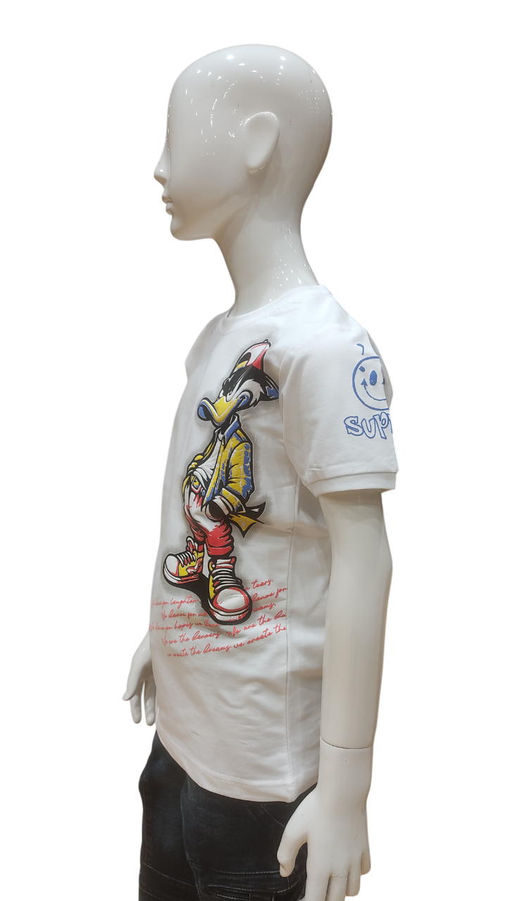 Boys White Half Sleeve Printed Fancy T-Shirt