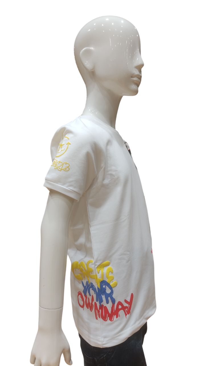 Boys White Half Sleeve Printed Fancy T-Shirt