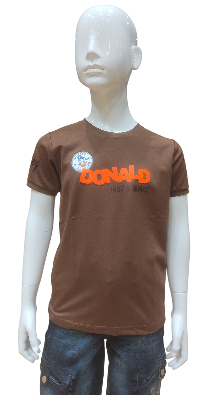 Boys Brown Half Sleeve Printed Fancy T-Shirt