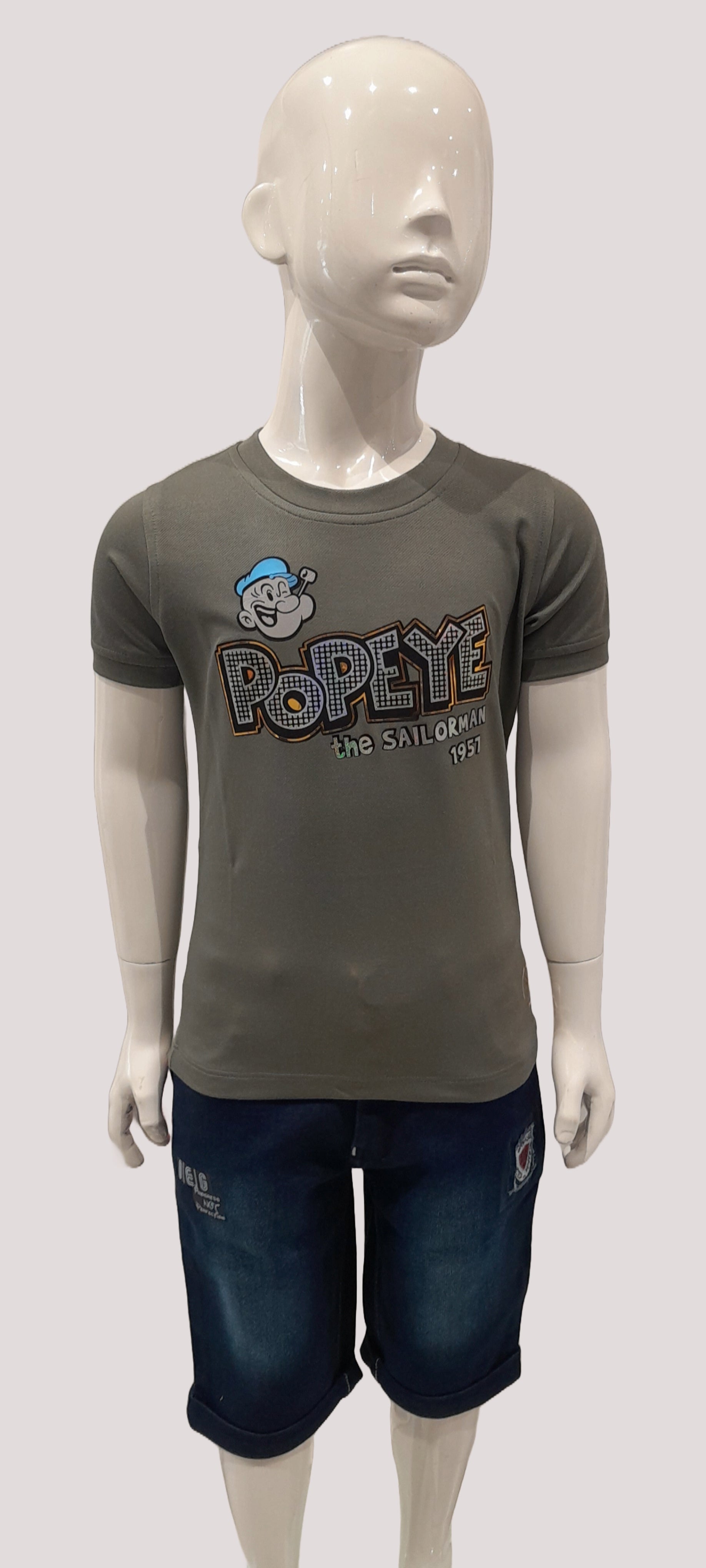 Boys Olive Half Sleeve Round Neck Popeye Print Fancy T-Shirt