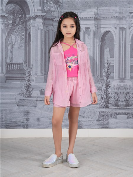 Girls Pink Fancy Front Open Shirt And Short With Sleeve Less Printed Top