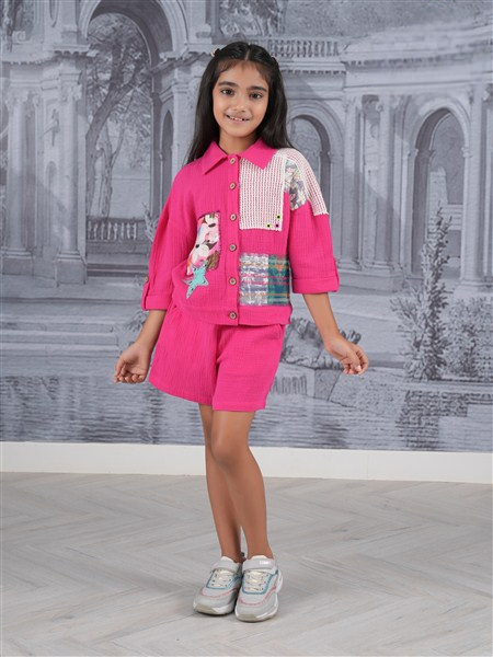 Girls Pink Fancy Front Open Shirt Style Top And Short Co-Ordinates Set