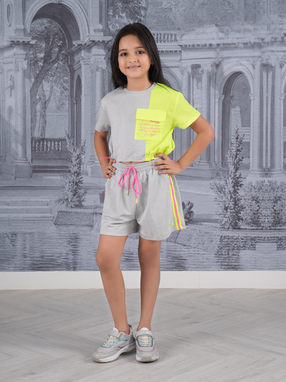 Girls Grey Fancy Printed Crop Top With Shorts Co-Ordinates Set