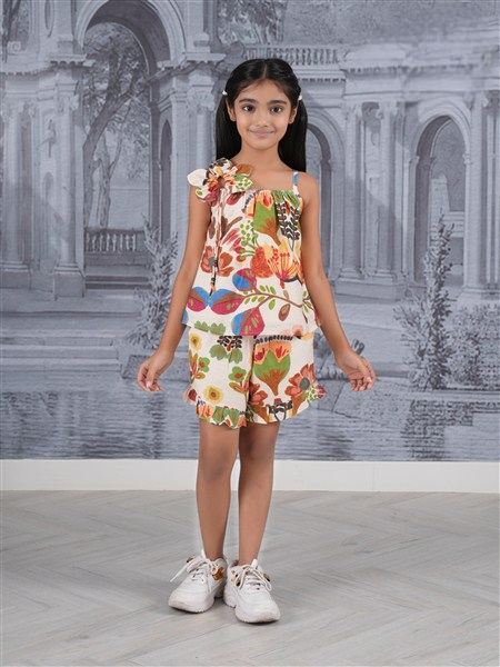 Girls Brown Fancy Sleeve Less Style Printed Top And Short Co-Ordinates Set