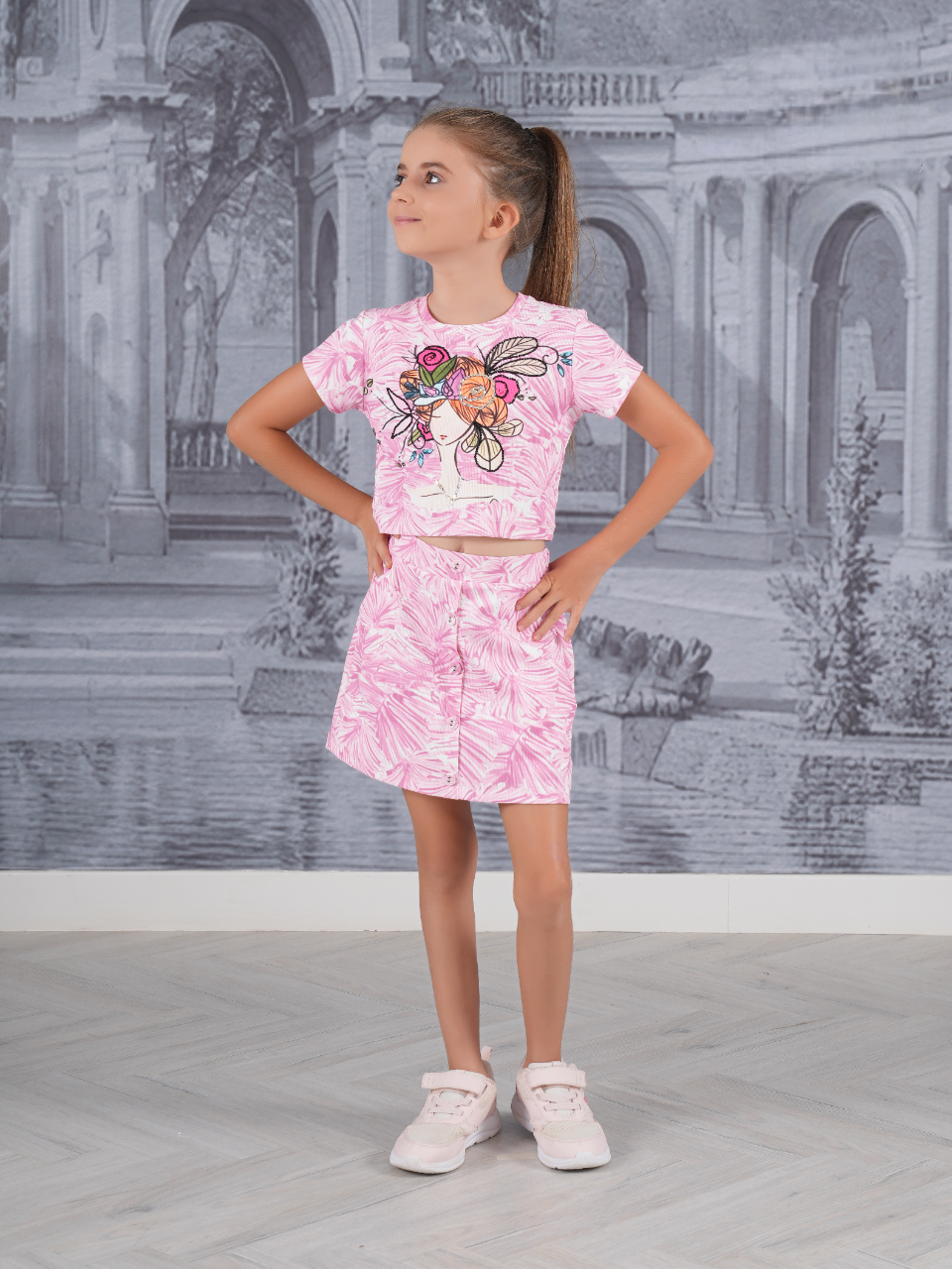 Girls Pink Fancy Printed Crop Top With Skirt Co-Ordinates Set