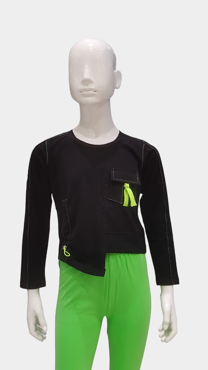 Girls Black Full Sleeve Fancy Crop Top