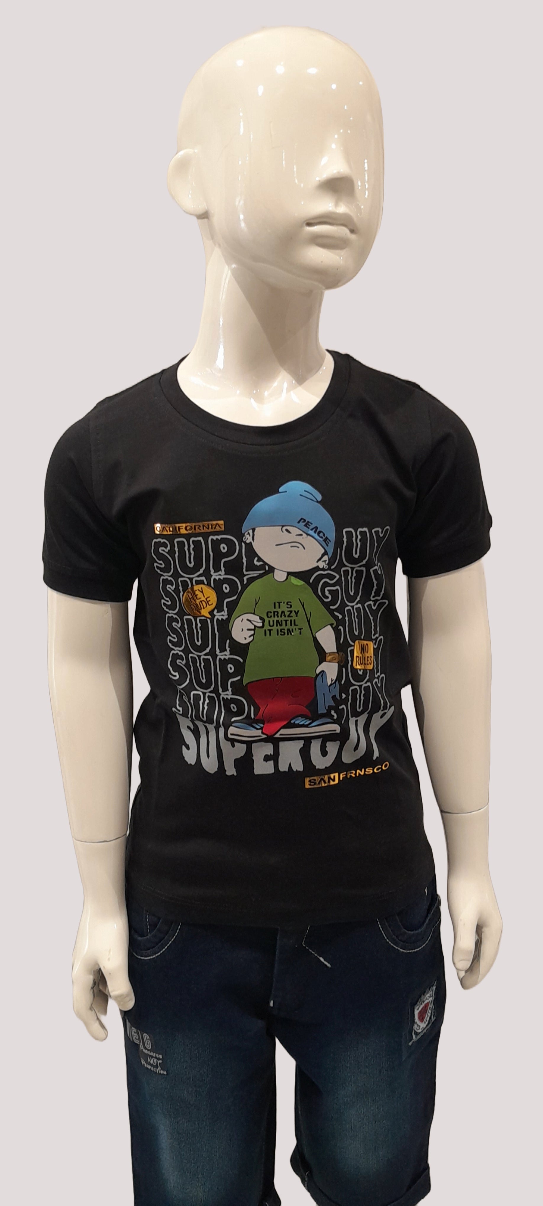 Boys Black Half Sleeve Round Neck Superguy Print Fancy T-Shirt