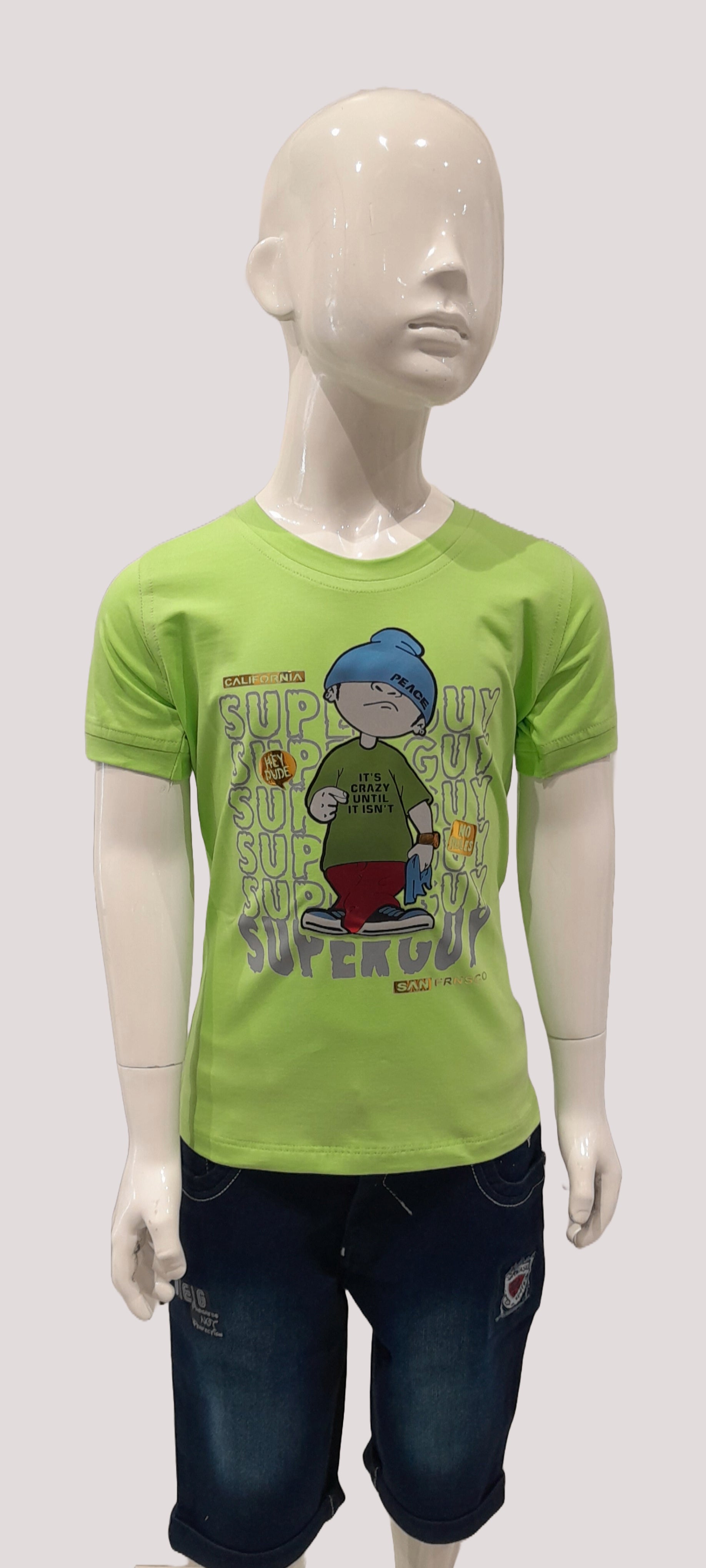 Boys Green Half Sleeve Round Neck Superguy Print Fancy T-Shirt