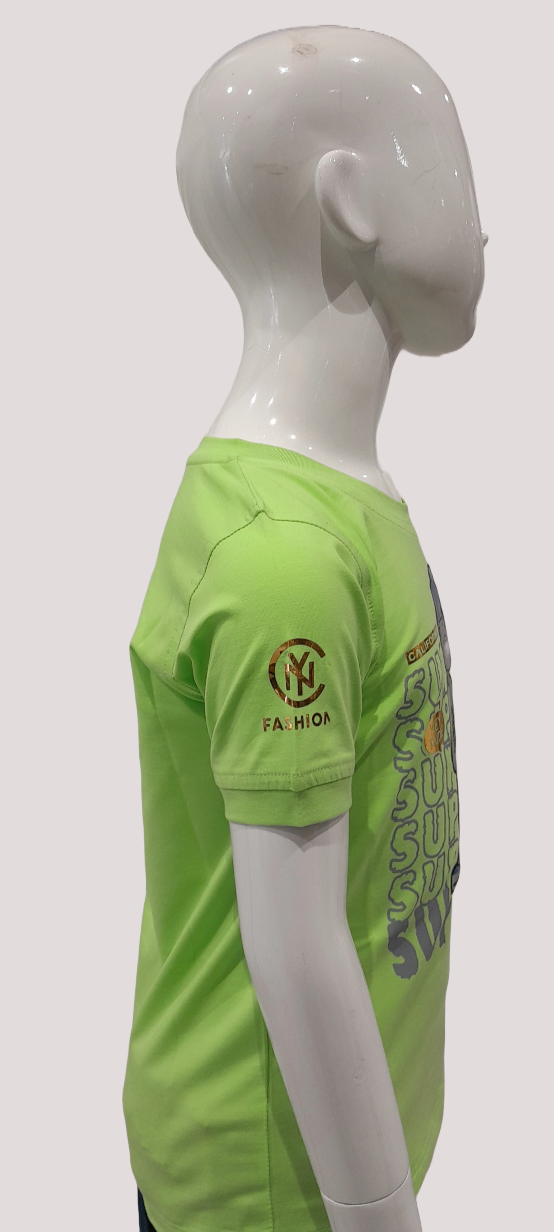 Boys Green Half Sleeve Round Neck Superguy Print Fancy T-Shirt