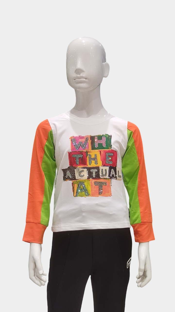 Girls White Full Sleeve Fancy Printed Top