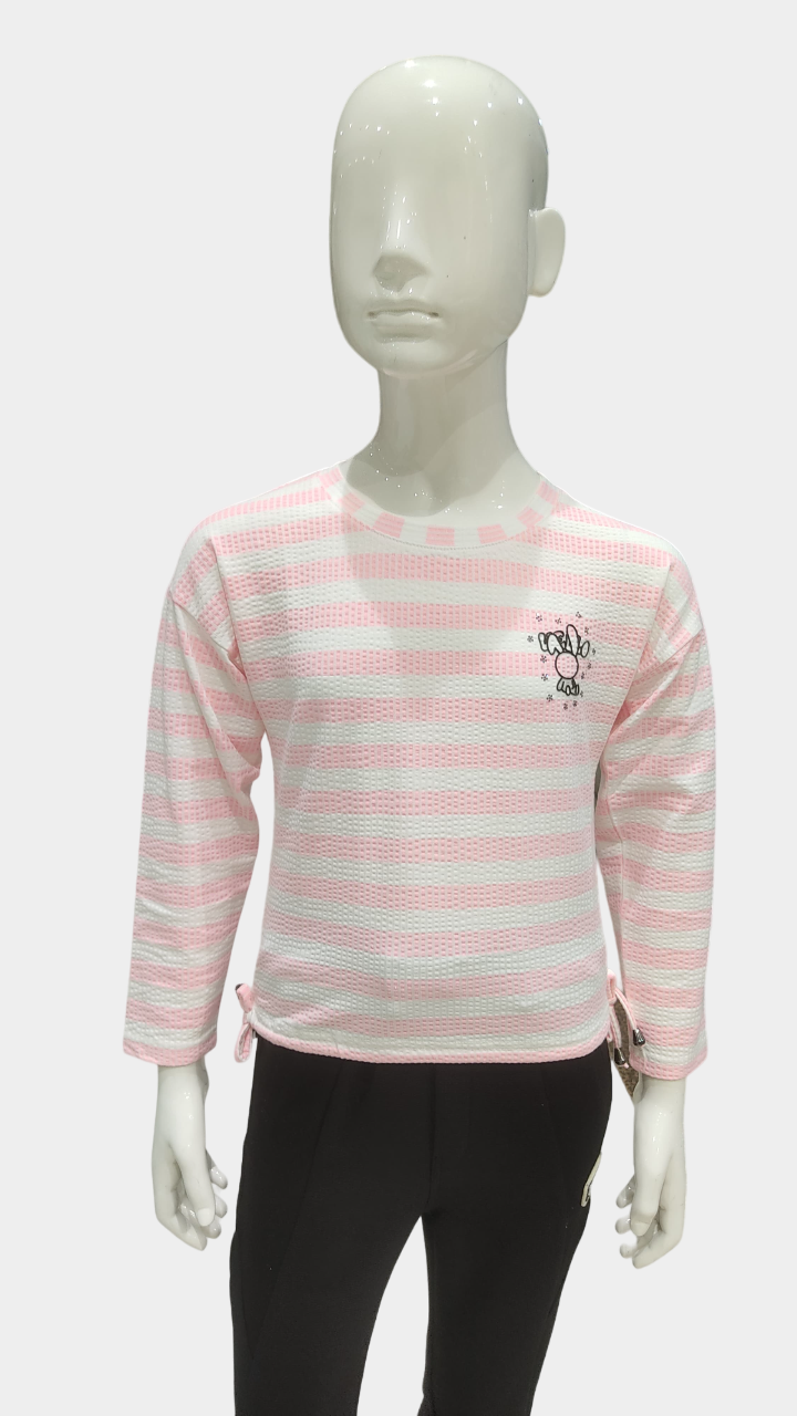 Girls Pink Striped Full Sleeve Fancy Top