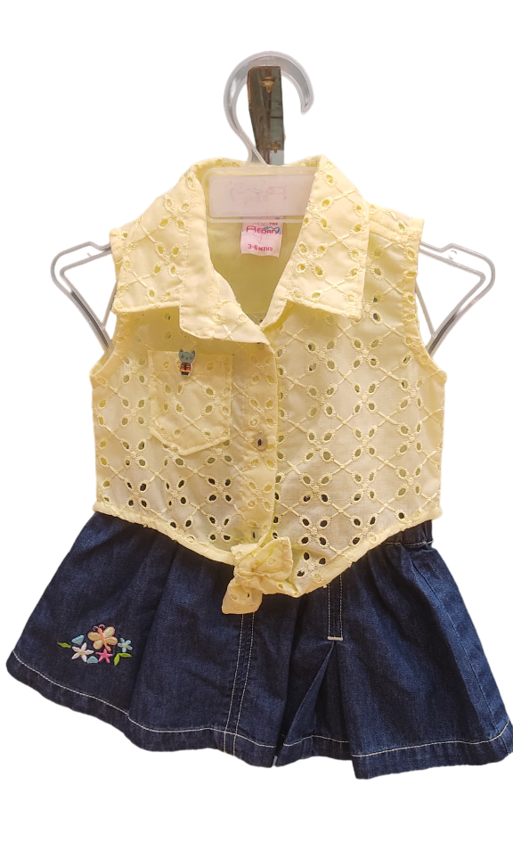 Baby Yellow Fancy Crop Top With Denim Skirt Set
