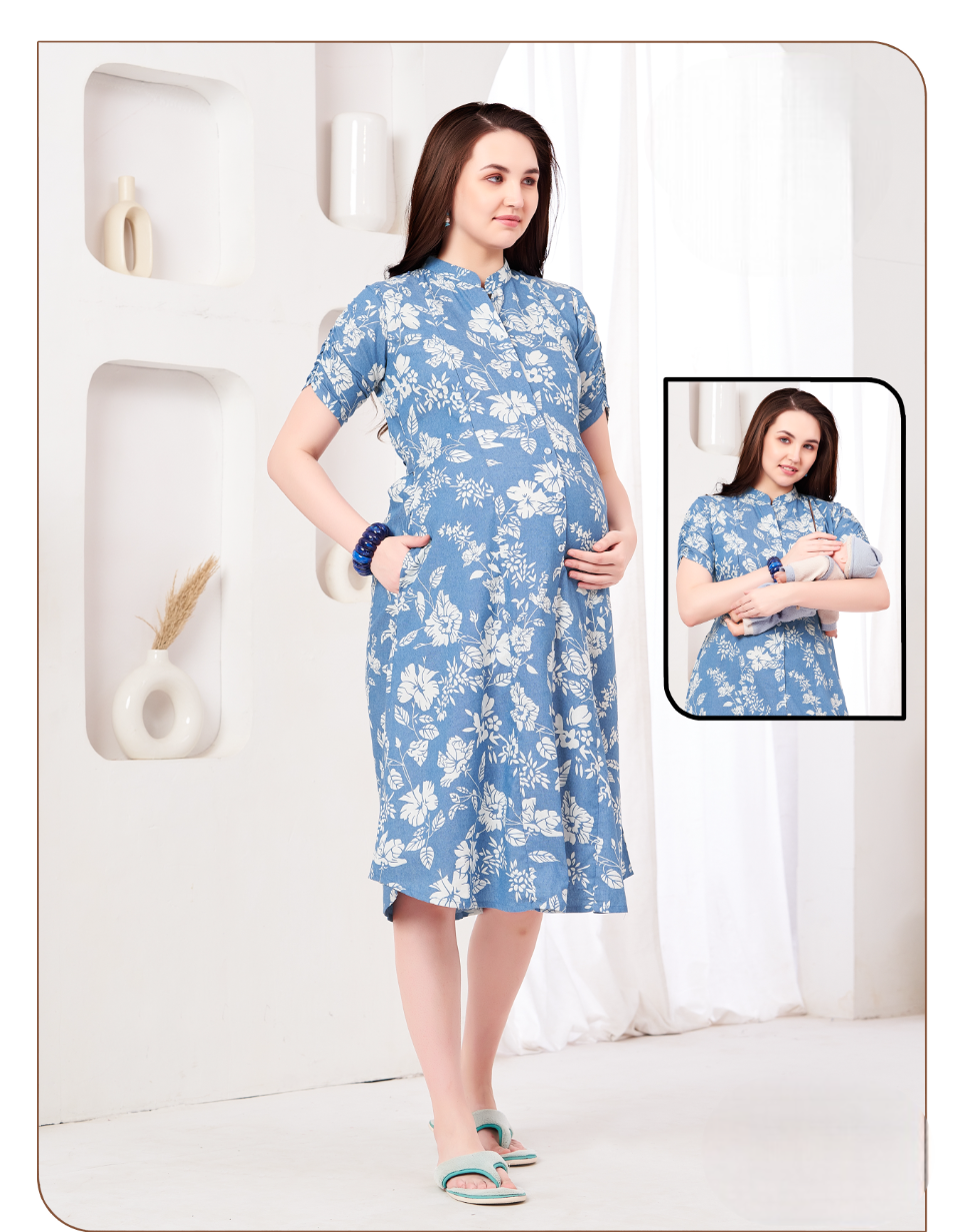 Women's Blue Floral Printed Feeding Midi