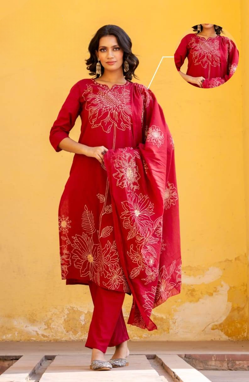 Women's Maroon Printed Fancy Kurti Suit With Dupatta