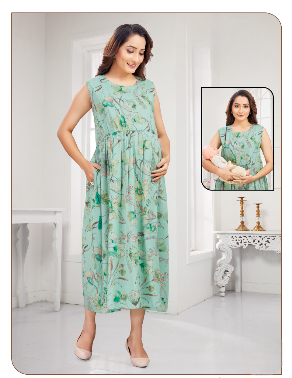 Women's Green Floral Printed Fancy Feeding Midi