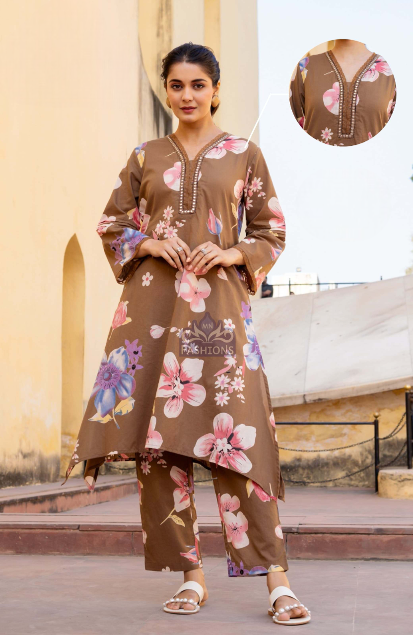 Women's Brown Fancy Floral Printed Kurti Suit