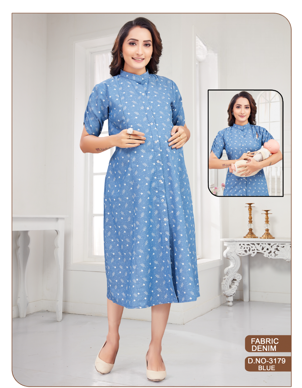 Women's Blue Printed Fancy Feeding Midi