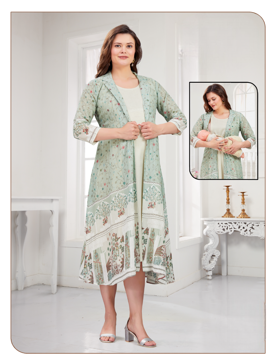 Women's Grey Floral Printed 2 Pieces Fancy Feeding Midi