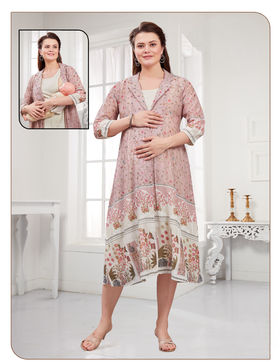 Women's Pink Floral Printed 2 Pieces Fancy Feeding Midi