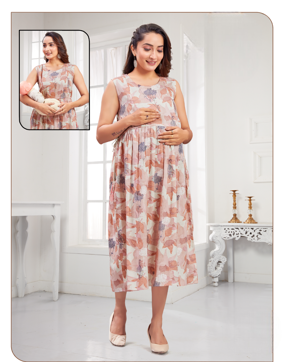 Women's Peach Floral Printed Fancy Feeding Midi