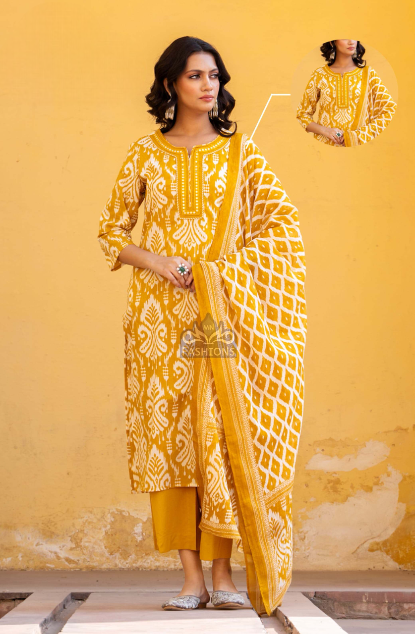 Women's Yellow Fancy Printed Plazo Suit With Dupatta