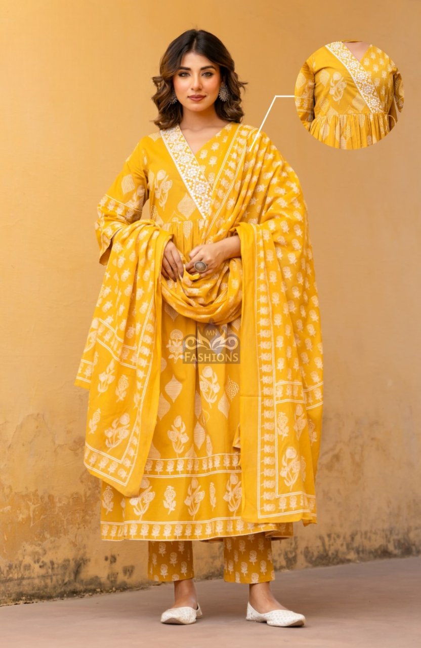 Women's Mustard Cotton Printed Fancy Kurti Suit With Dupatta