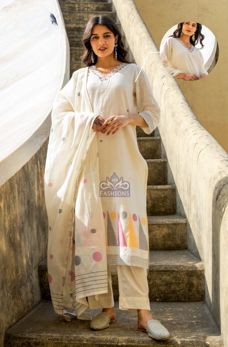 Women's White Cotton Printed Fancy Kurti Suit With Dupatta