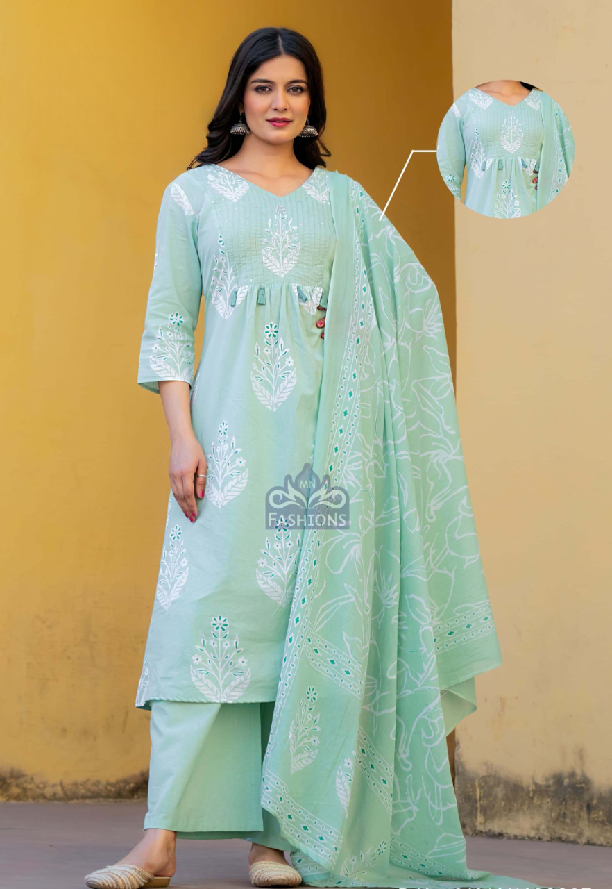 Women's Green Cotton Printed Fancy Kurti Suit With Dupatta