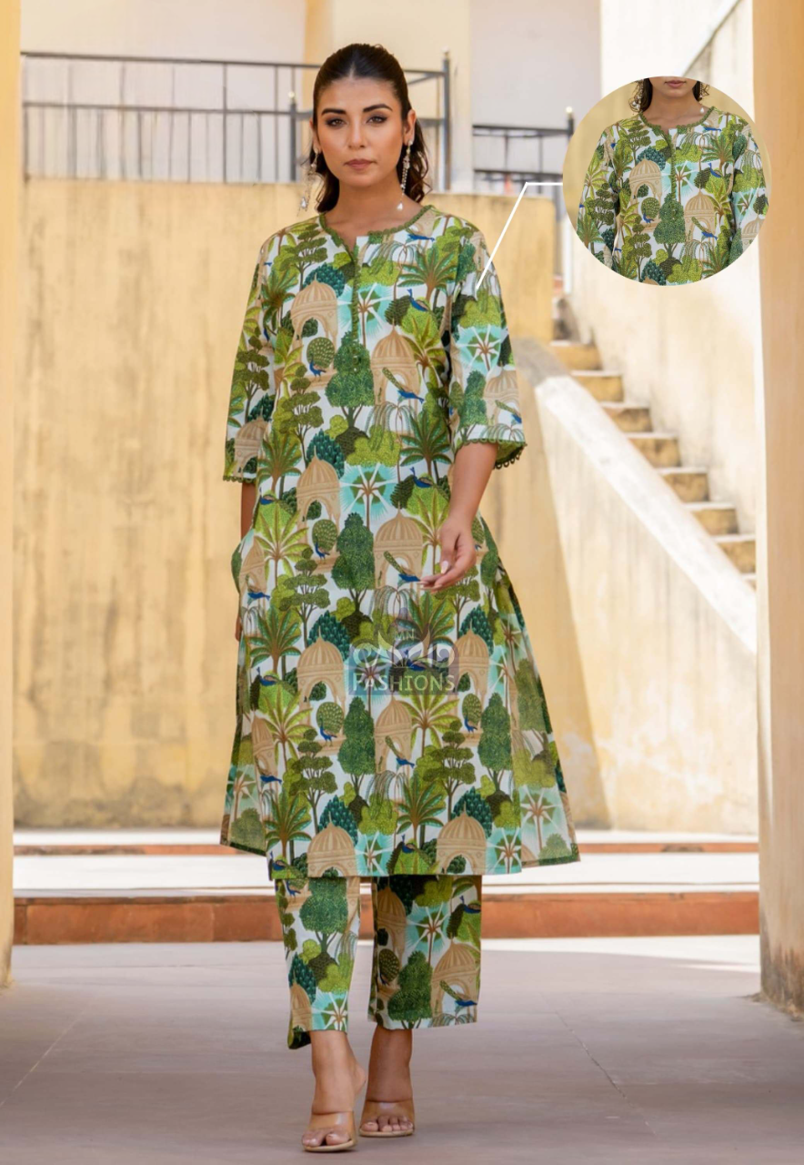 Women's Green Cotton Printed Fancy Co-Ordinates Set