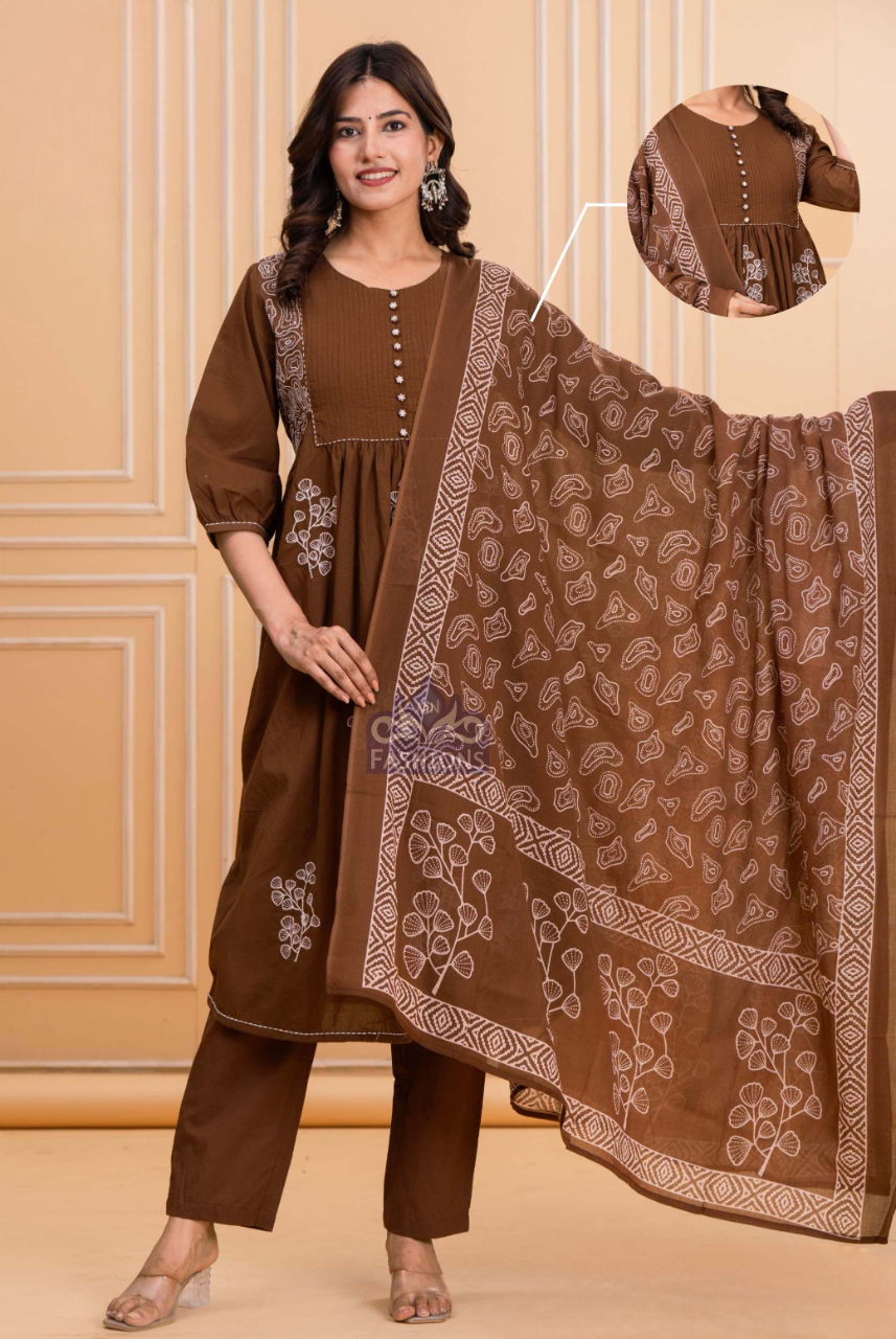 Women's Cofee Cotton Printed Fancy Kurti Suit With Dupatta
