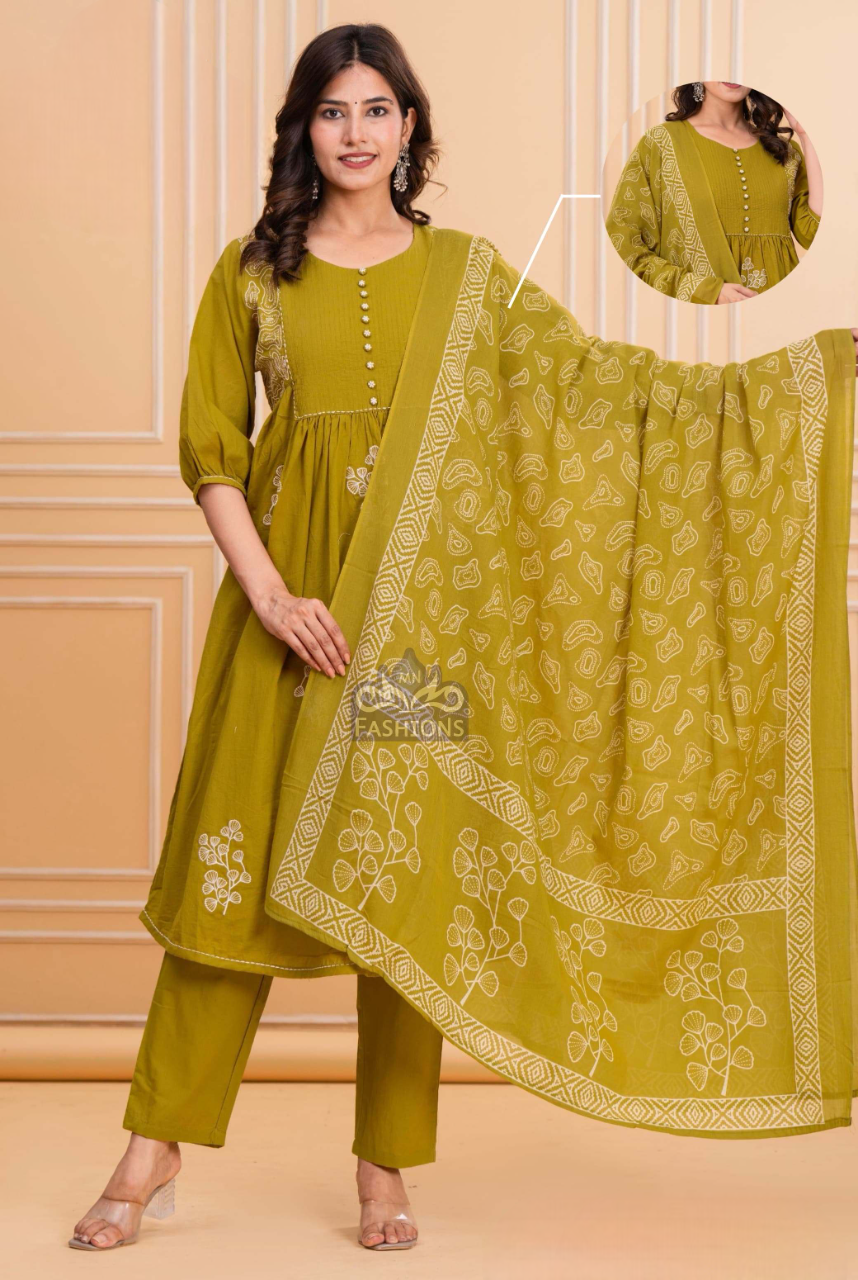 Women's Khaki Cotton Printed Fancy Kurti Suit With Dupatta