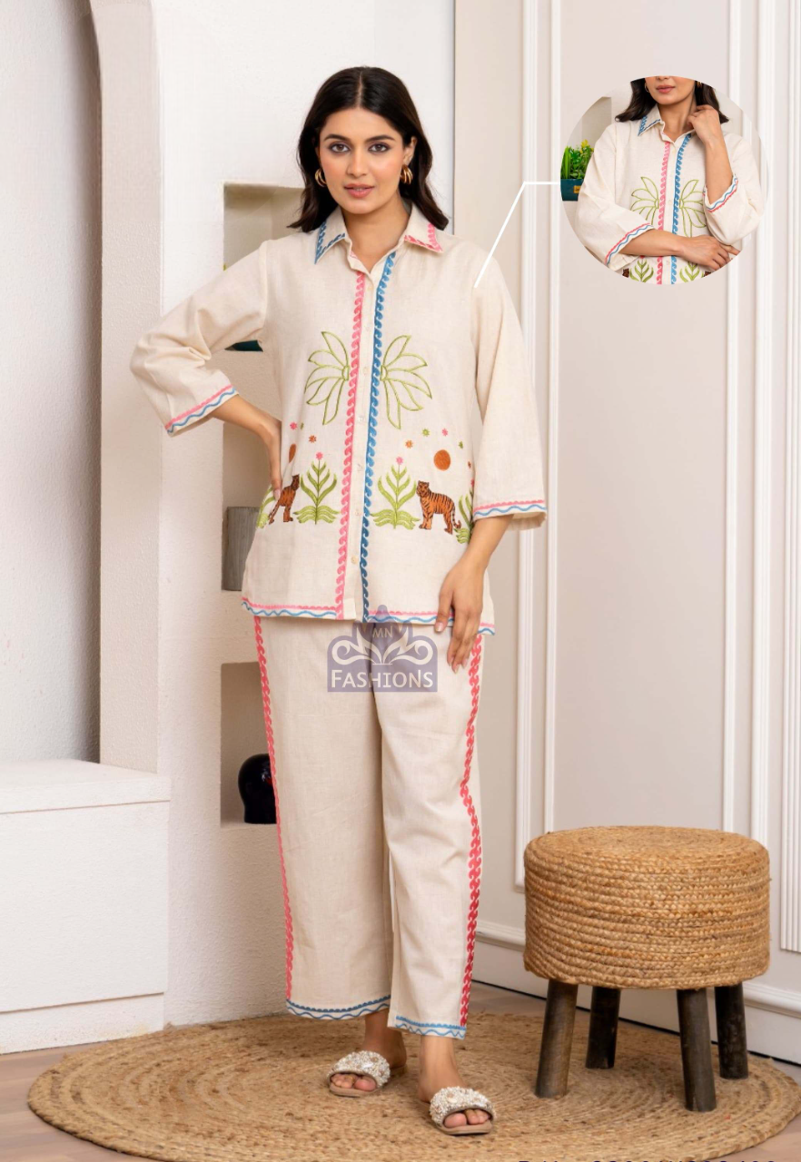 Women's Off White Cotton Printed Fancy Co-Ordinates Set