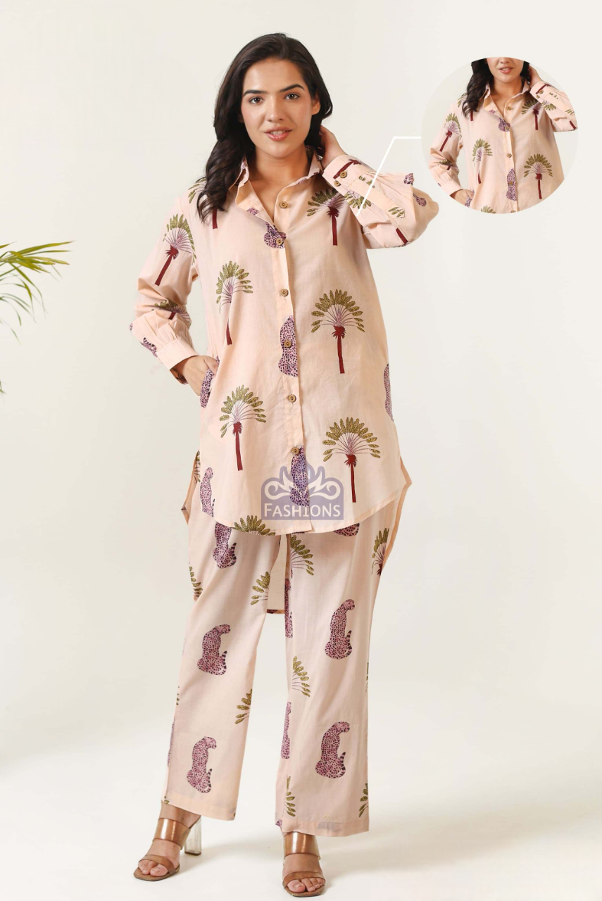 Women's Cream Cotton Printed Fancy Co-Ordinates Set