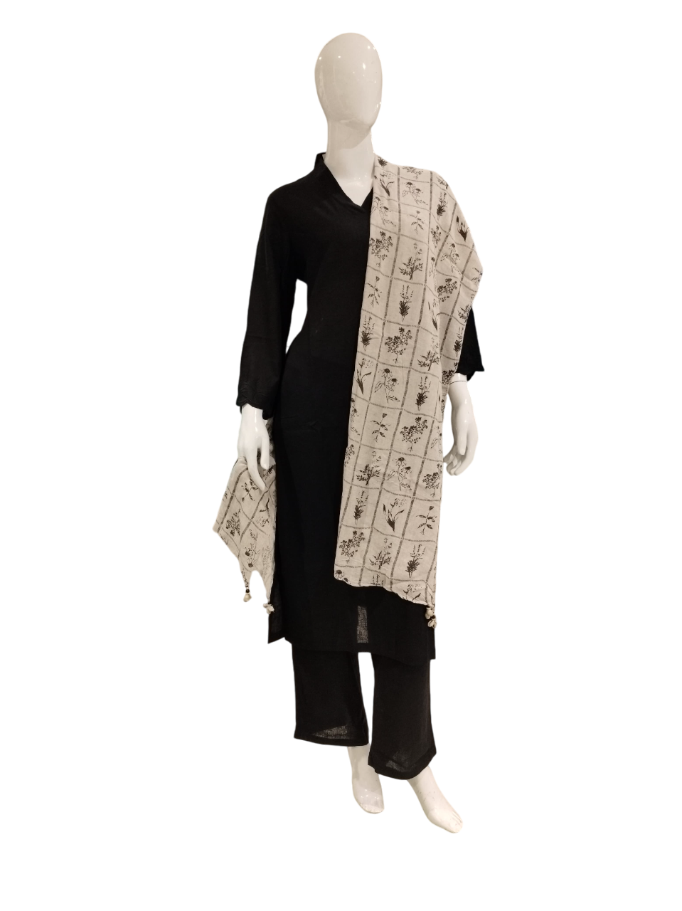 Women Black Cotton Linen Party Wear Kurti Suit With Printed Fancy Dupatta