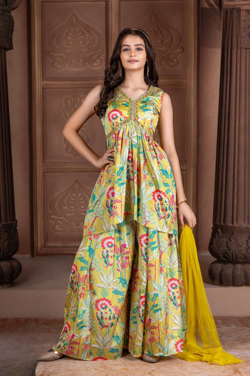 Girls Green Printed Fancy Plazo Suit With Dupatta