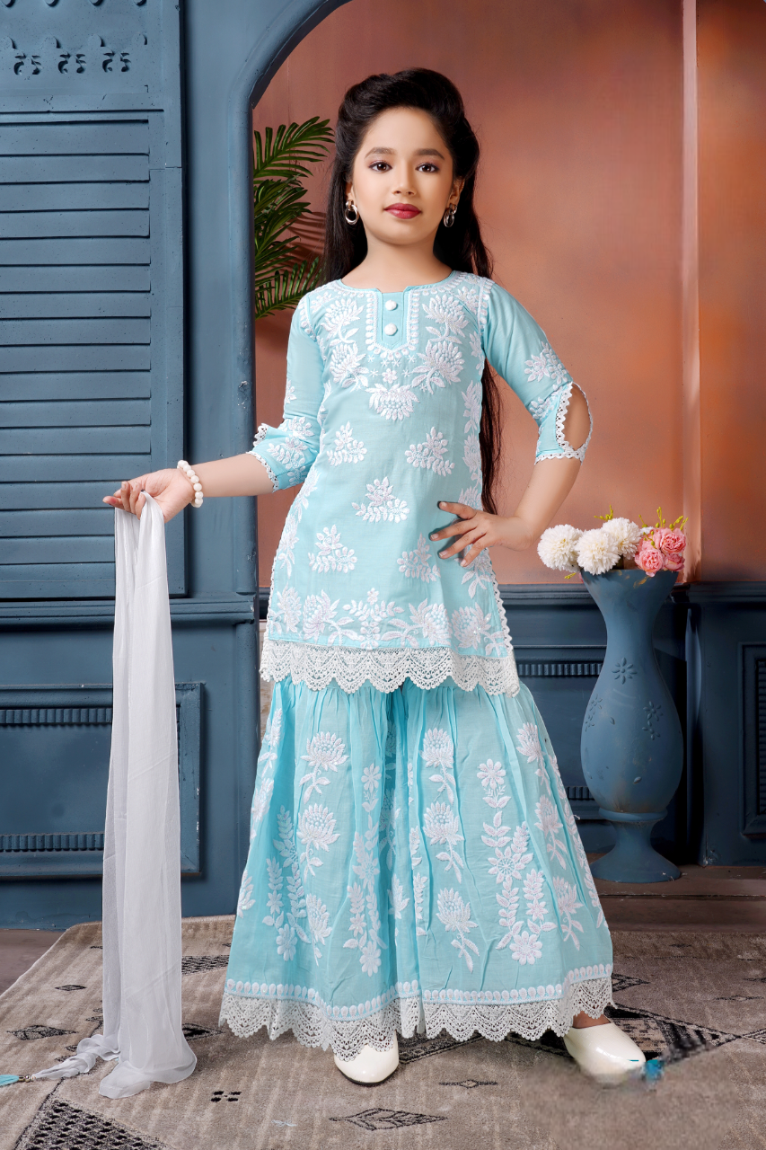 Girls Blue Fancy Gharara Suit With Dupatta