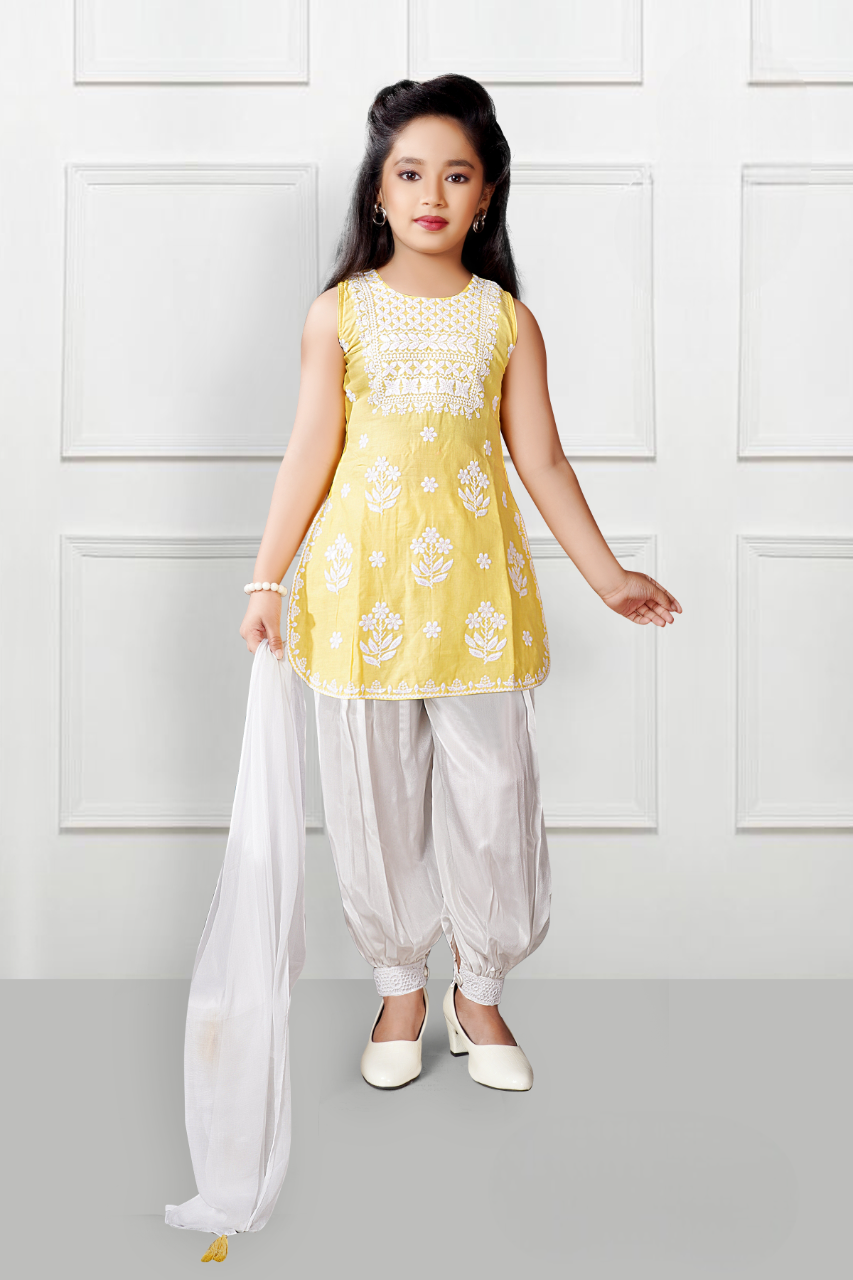 Girls Yellow Fancy Kurti Suit With Dupatta