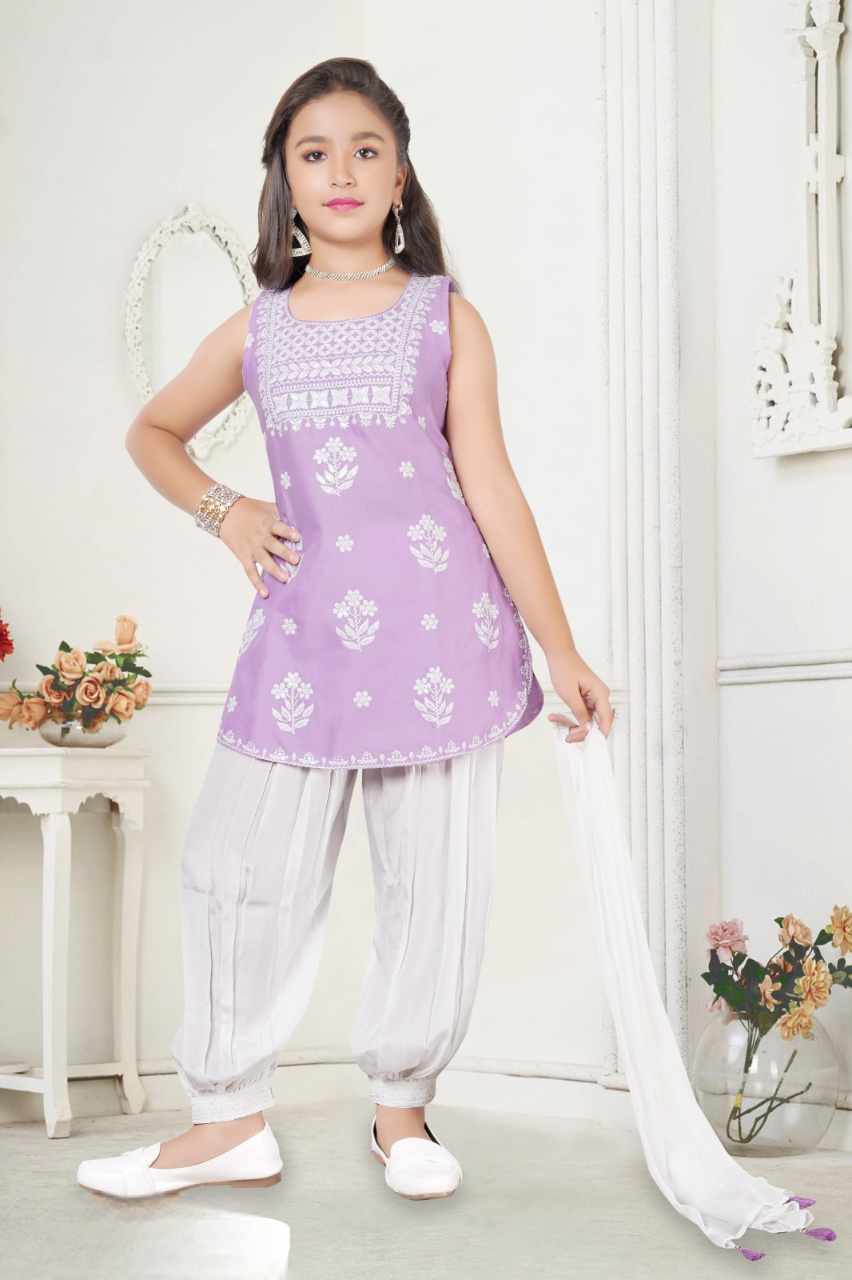 Girls Lavender Fancy KUrti Suit With Dupatta
