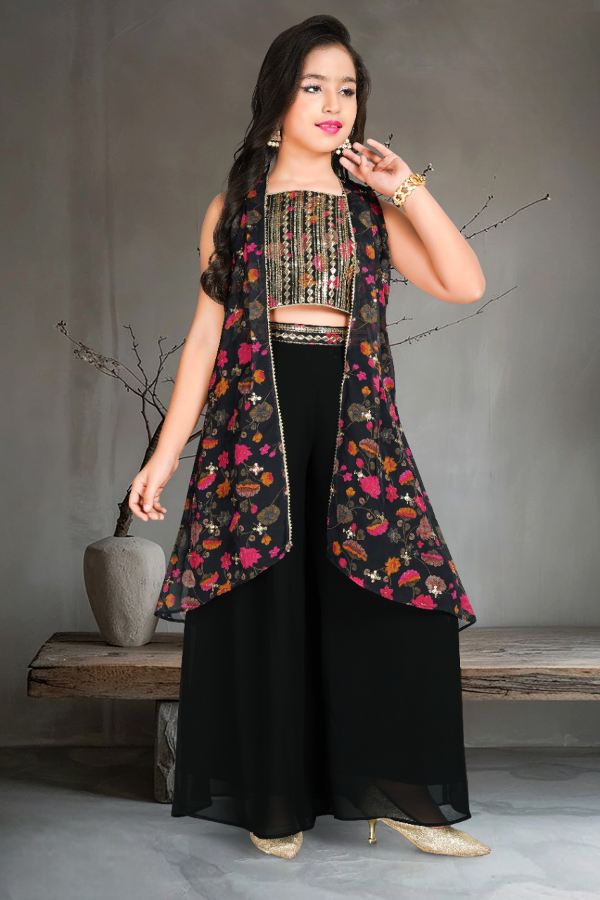 Girls Black Fancy Party Wear Plazo Suit