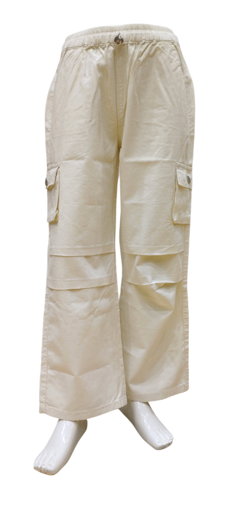 Girls Cream Round Elastic Fancy Cargo Pant