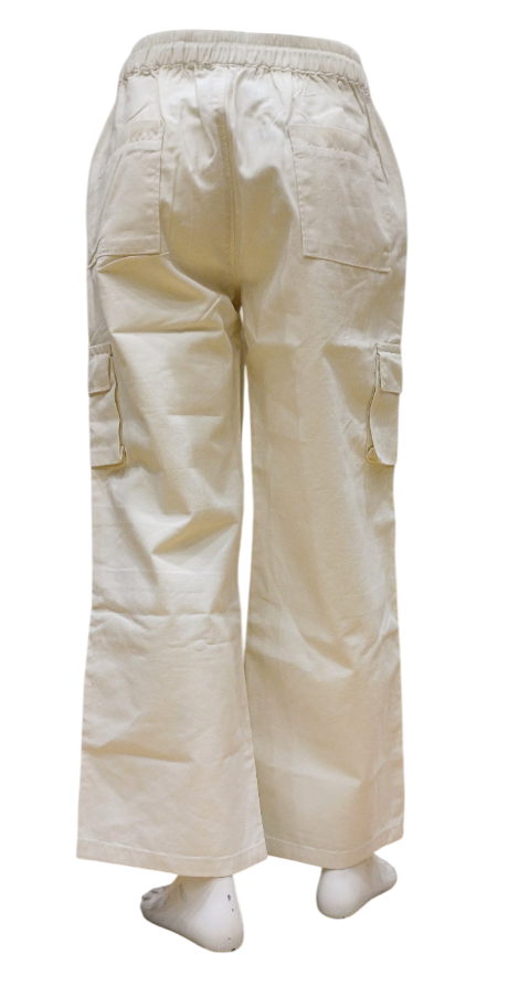 Girls Cream Round Elastic Fancy Cargo Pant