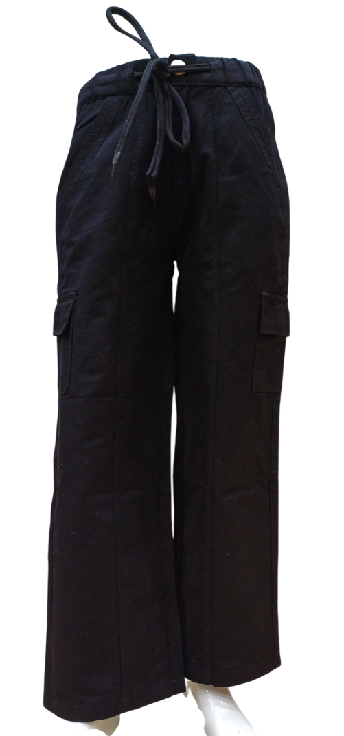 Girls Black Round Elastic Fancy Cargo Pant