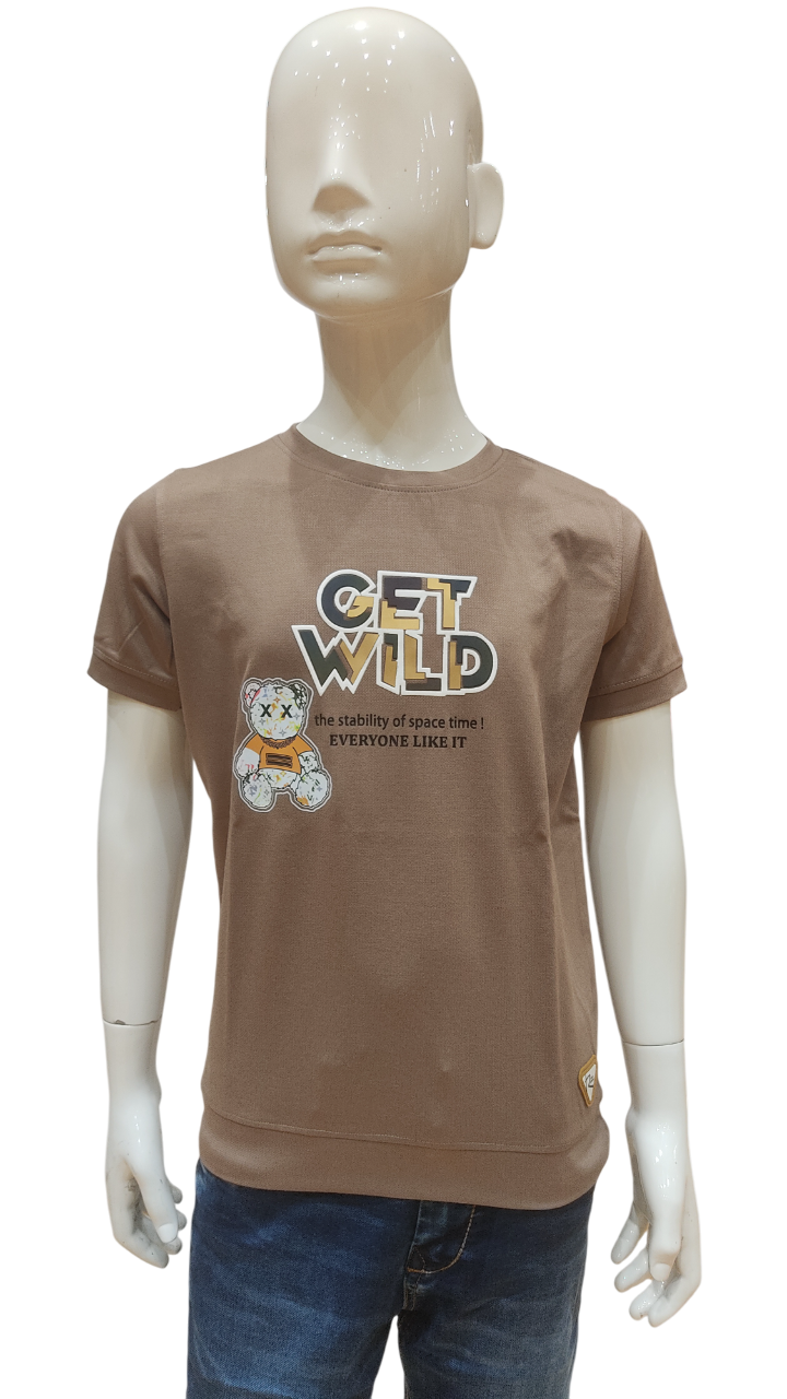 Boys Brown Half Sleeve Printed Fancy T-Shirt