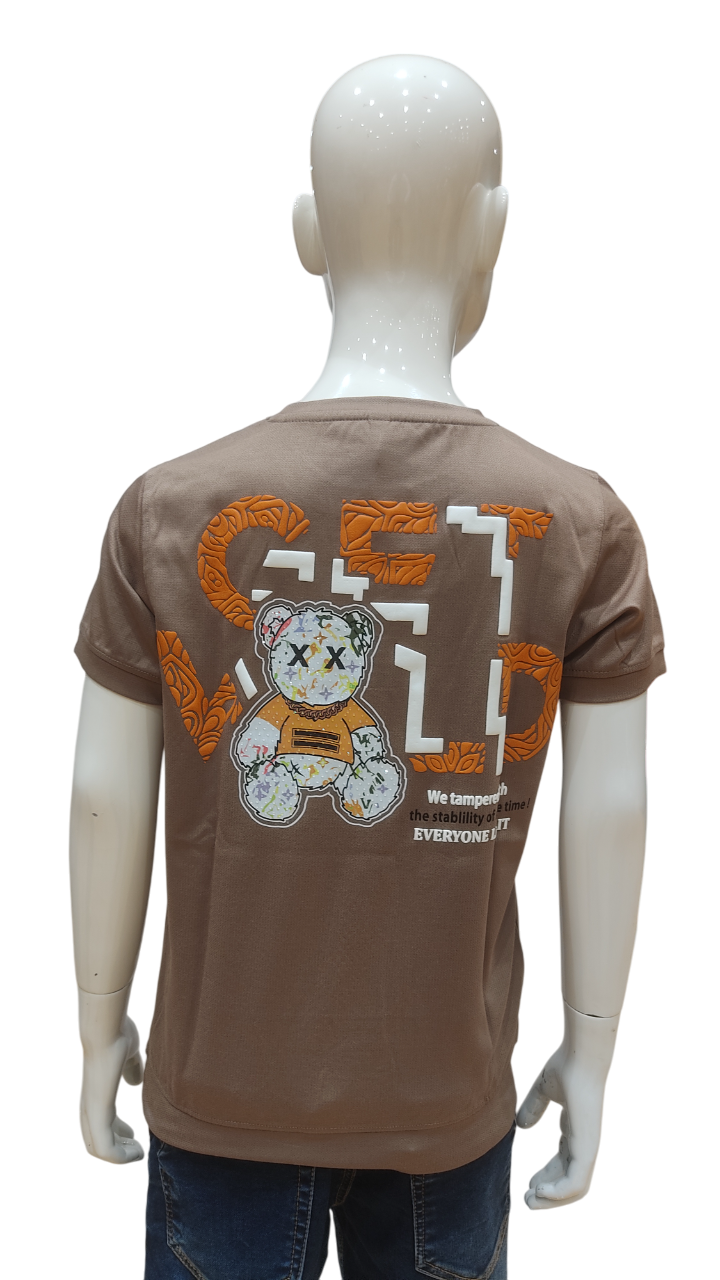 Boys Brown Half Sleeve Printed Fancy T-Shirt