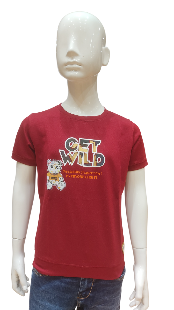 Boys Maroon Half Sleeve Printed Fancy T-Shirt