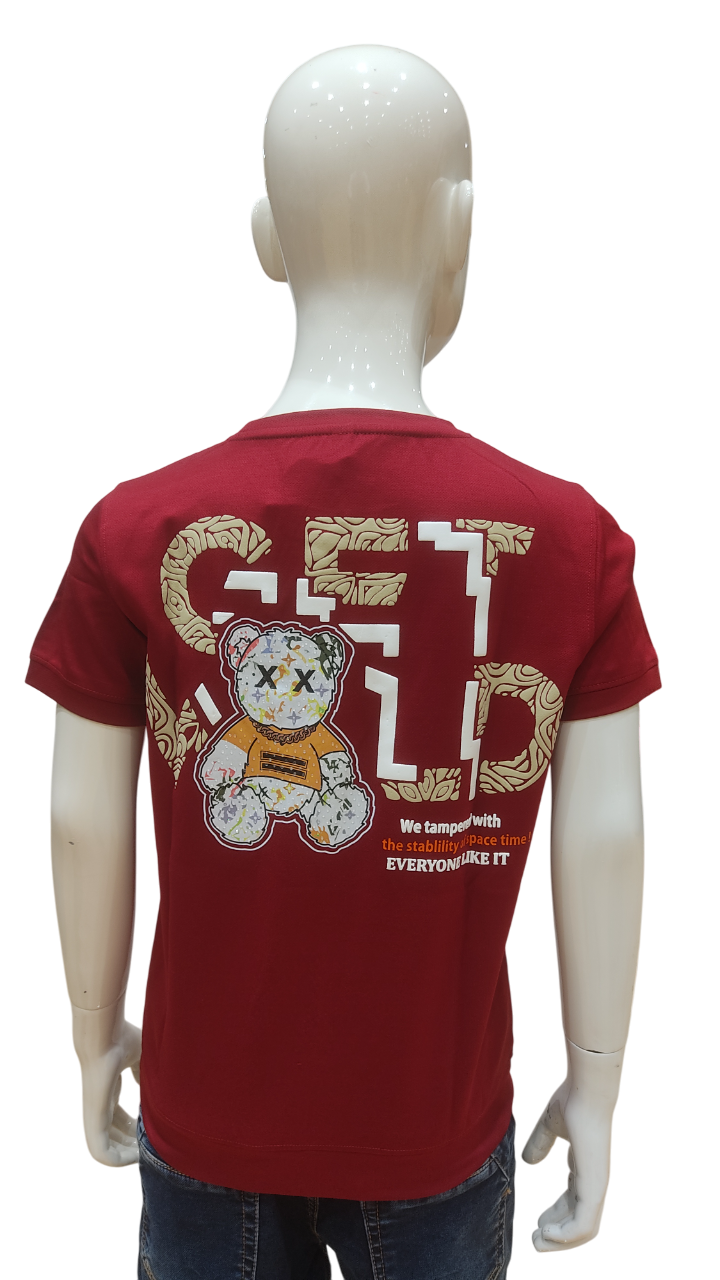 Boys Maroon Half Sleeve Printed Fancy T-Shirt