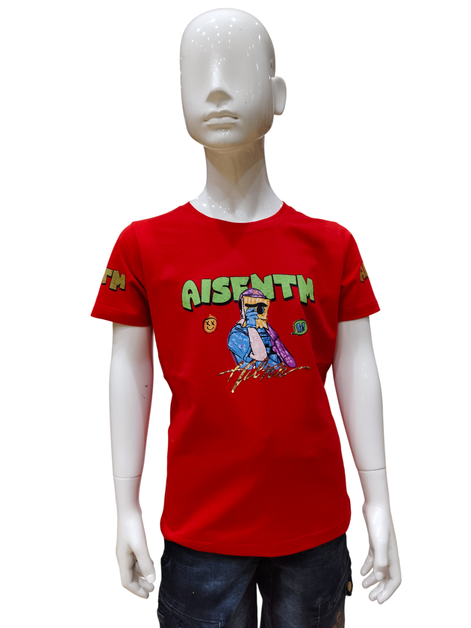 Boys Red Half Sleeve Round Neck Fancy Printed T-Shirt