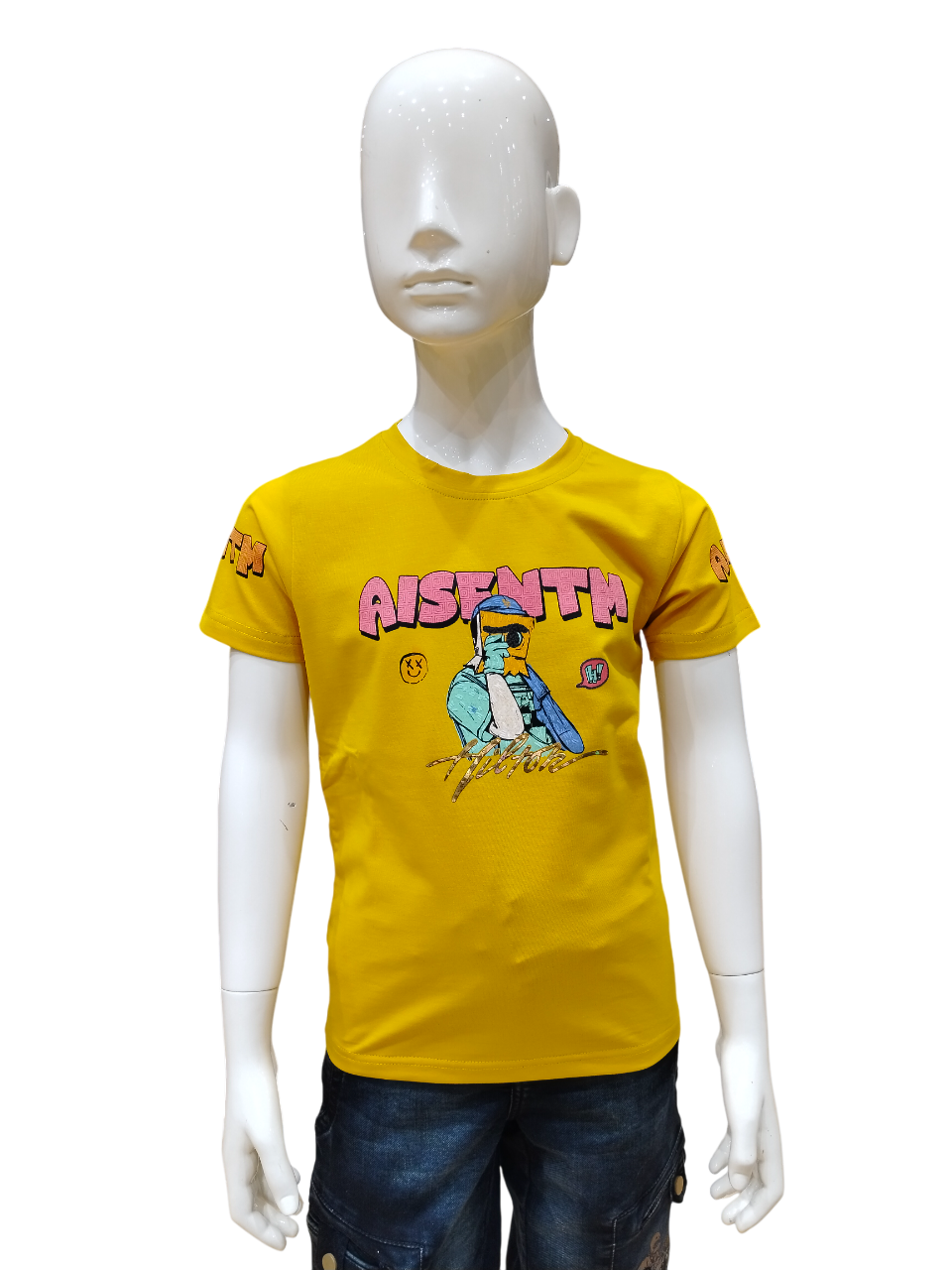 Boys Yellow Half Sleeve Round Neck Fancy Printed T-Shirt