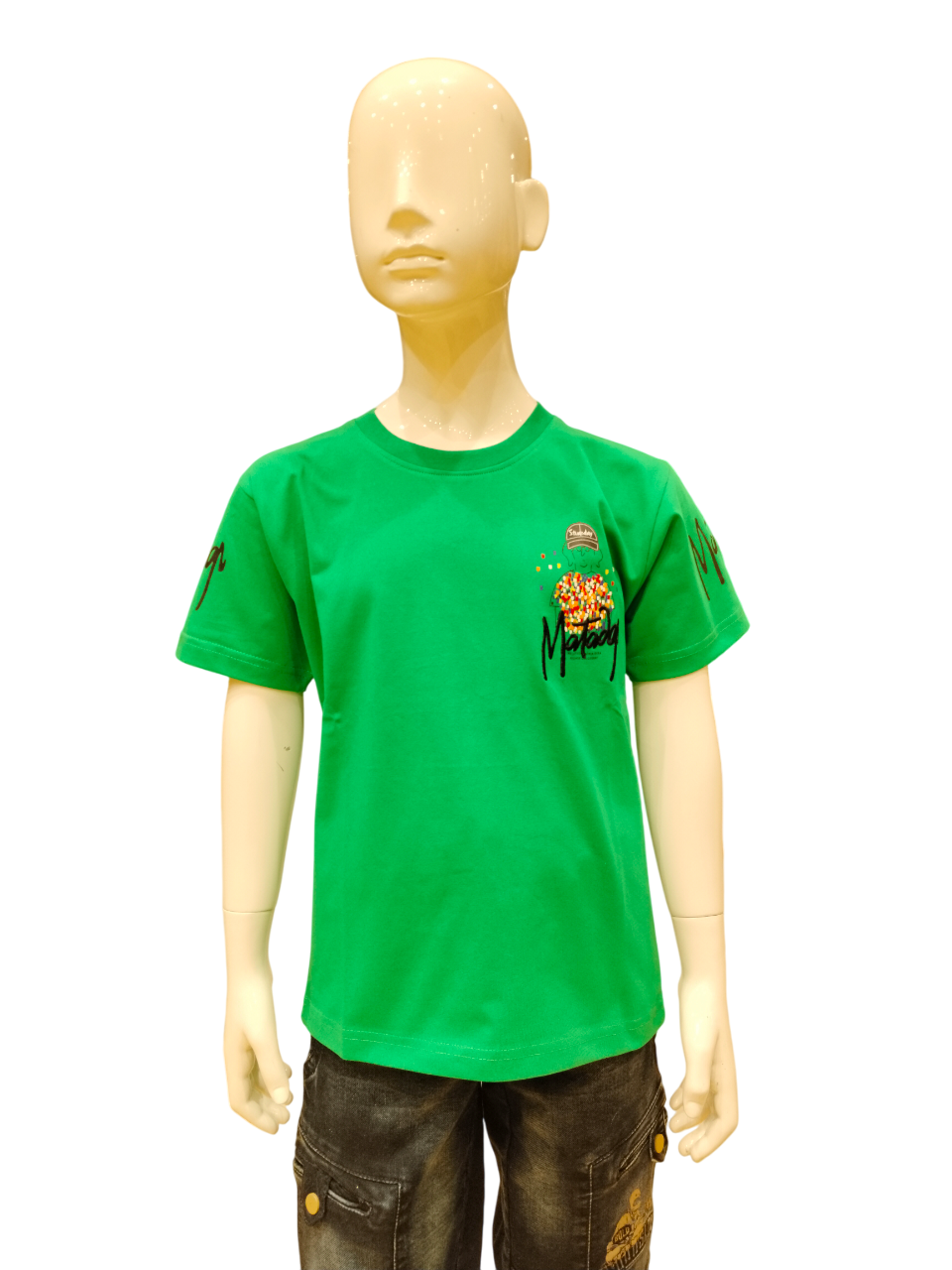 Boys Green Half Sleeve Round Neck Fancy Printed T-Shirt